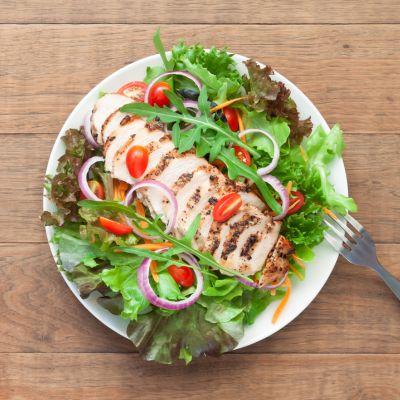 Healthy meal with met and greens. 