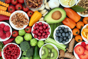 Foods for a Healthy Lifestyle. Variety of superfoods and other fruits and vegetables.