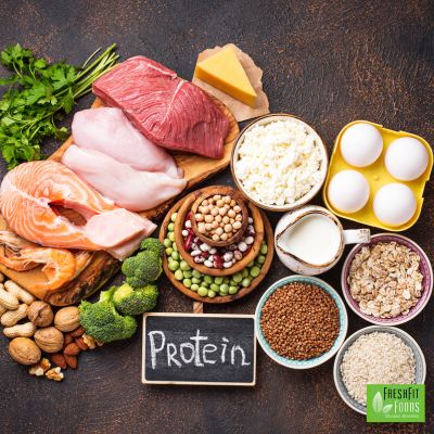 A lineup of several protein items that could be included in high-protein meal prep.