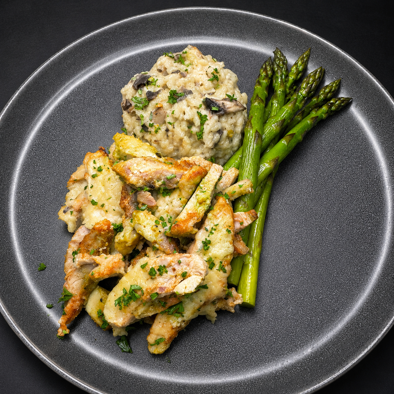 Parmesan & Herb Crusted Chicken w/ Mushroom Risotto & Fresh Asparagus